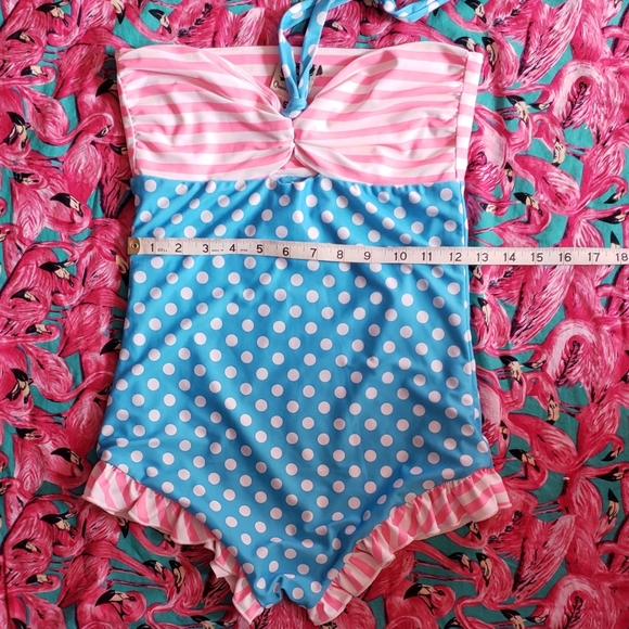 Rare Queen of Heartz pink stripe blue polka dot retro pinup swimsuit size S - Picture 4 of 12